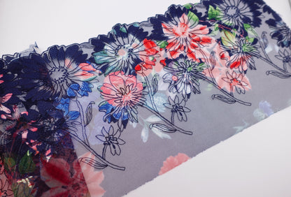 Navy Printed Floral - Embroidered Tulle Lace (mirrored)