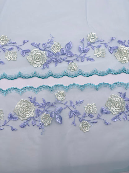 Blue Rose Dreams - Embroidered Tulle Lace 1 Meter (mirrored)