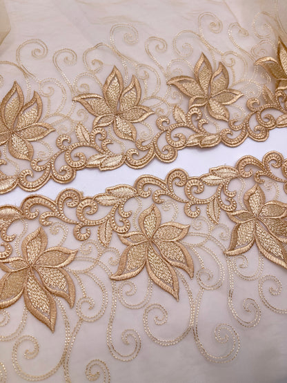 Gold Florals - Embroidered Tulle Lace 1 Meter (mirrored)