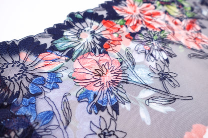 Navy Printed Floral - Embroidered Tulle Lace (mirrored)