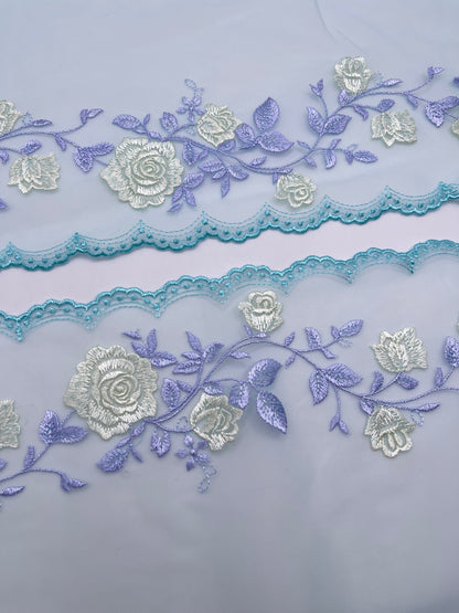 Blue Rose Dreams - Embroidered Tulle Lace 1 Meter (mirrored)
