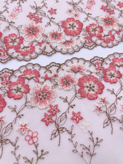 Brown Cherry Blossom - Embroidered Tulle Lace 1 Meter (mirrored)