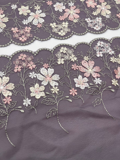 Purple Cherry Blossom - Embroidered Tulle Lace 1 Meter (mirrored)