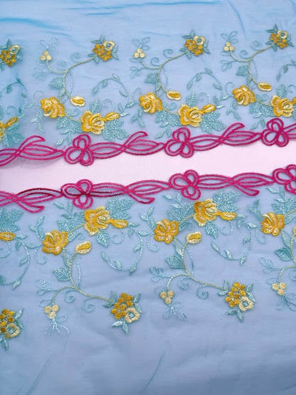 Hot Pink Yellow Flowers - Embroidered Tulle Lace 1 Meter (mirrored)
