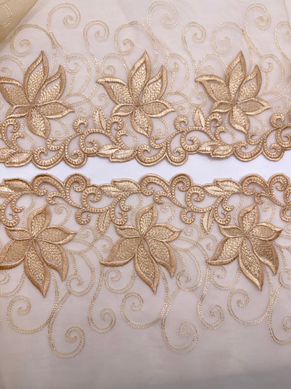 Gold Florals - Embroidered Tulle Lace 1 Meter (mirrored)