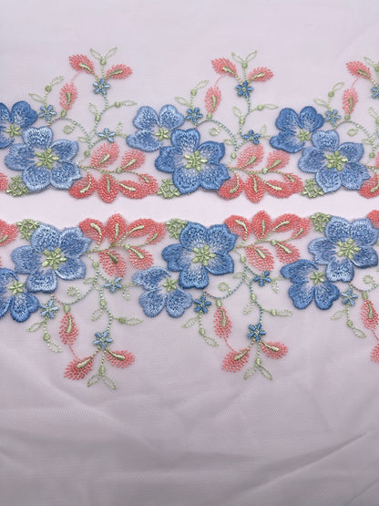 Blue Corals Florals- Embroidered Tulle Lace 1 Meter (mirrored)