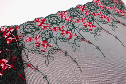 Green Rose Cherry Blossom - Embroidered Tulle Lace (mirrored)