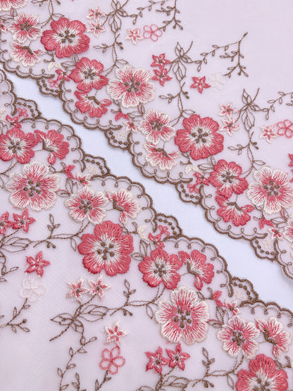 Brown Cherry Blossom - Embroidered Tulle Lace 1 Meter (mirrored)