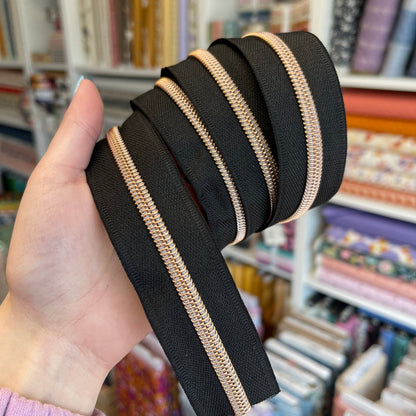 Black - Rose Gold Coil Zipper Tape # 5 Zipper (1 Meter)