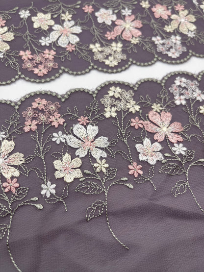 Purple Cherry Blossom - Embroidered Tulle Lace 1 Meter (mirrored)