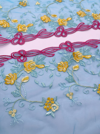 Hot Pink Yellow Flowers - Embroidered Tulle Lace 1 Meter (mirrored)