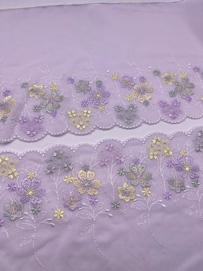 Purple Florals Scalloped - Embroidered Tulle Lace 1 Meter (mirrored)