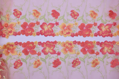 Coral Floral - Embroidered Tulle Lace (mirrored) 1 Meter