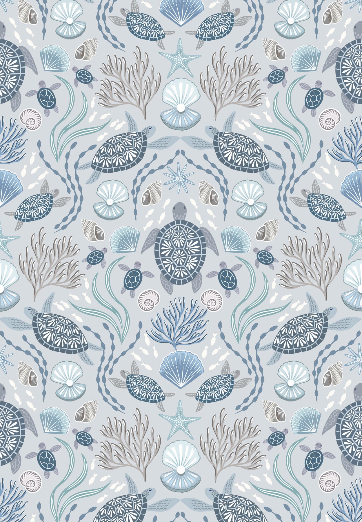 Lewis & Irene - Sea turtle family on light mist with pearl - Ocean Pearls