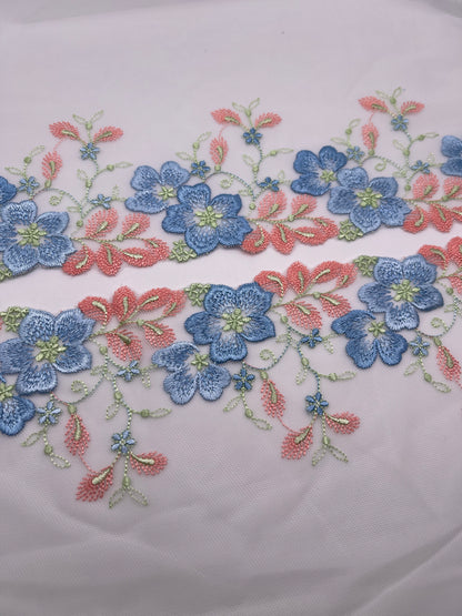 Blue Corals Florals- Embroidered Tulle Lace 1 Meter (mirrored)