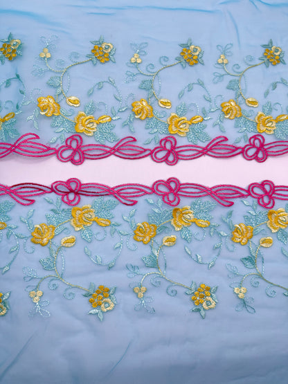 Hot Pink Yellow Flowers - Embroidered Tulle Lace 1 Meter (mirrored)