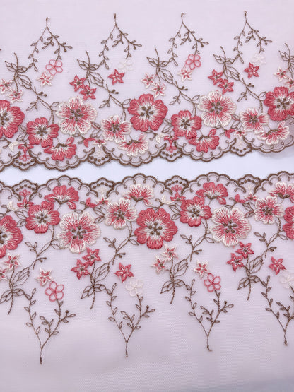 Brown Cherry Blossom - Embroidered Tulle Lace 1 Meter (mirrored)