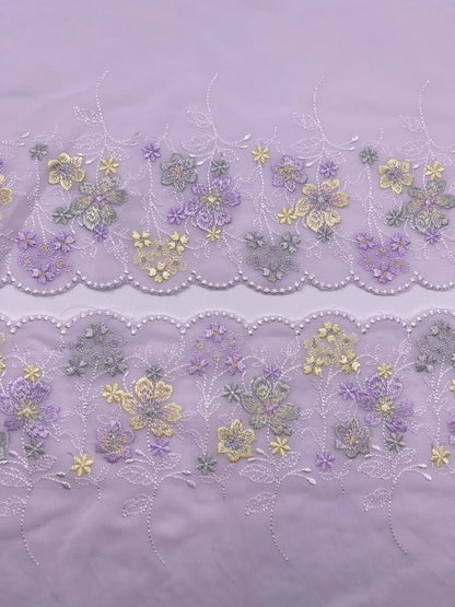 Purple Florals Scalloped - Embroidered Tulle Lace 1 Meter (mirrored)