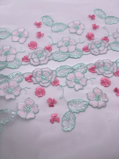 Aqua Cherry Blossom - Embroidered Tulle Lace 1 Meter (mirrored)