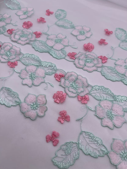Aqua Cherry Blossom - Embroidered Tulle Lace 1 Meter (mirrored)