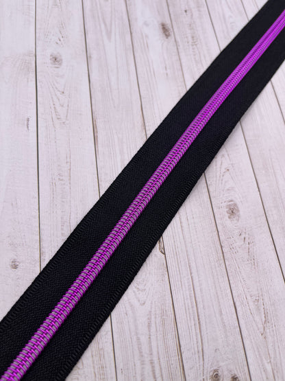 Black  - Pink/Purple Zipper Tape # 5 Zipper (1 Meter)