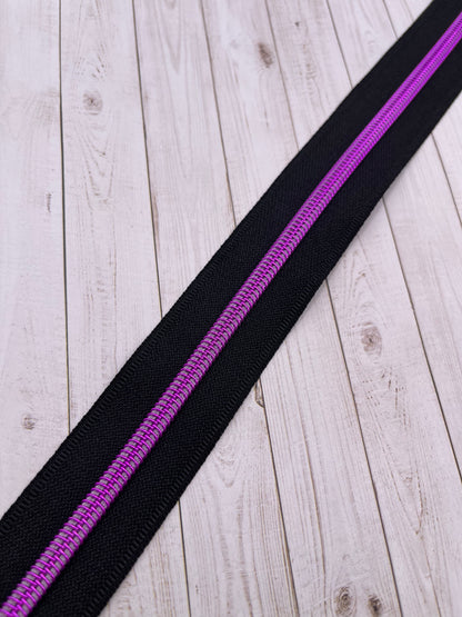 Black  - Pink/Purple Zipper Tape # 5 Zipper (1 Meter)