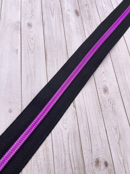 Black  - Pink/Purple Zipper Tape # 5 Zipper (1 Meter)