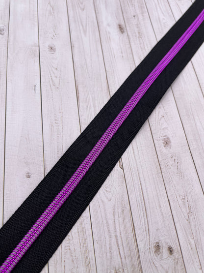 Black  - Pink/Purple Zipper Tape # 5 Zipper (1 Meter)
