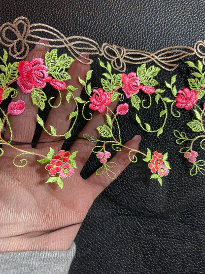 Hot Pink Roses - Embroidered Tulle Lace (mirrored)