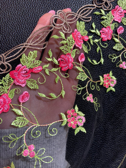 Hot Pink Roses - Embroidered Tulle Lace (mirrored)