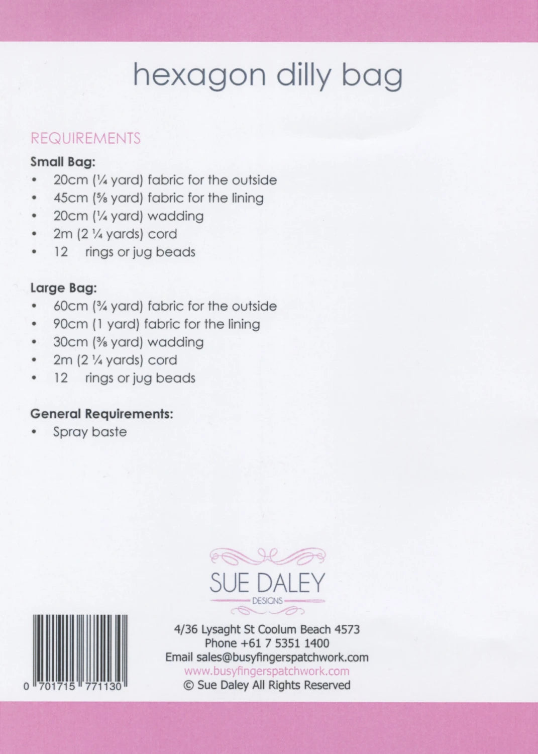 Patron du sac à hexagones « Dilly Bag » - Sue Daley