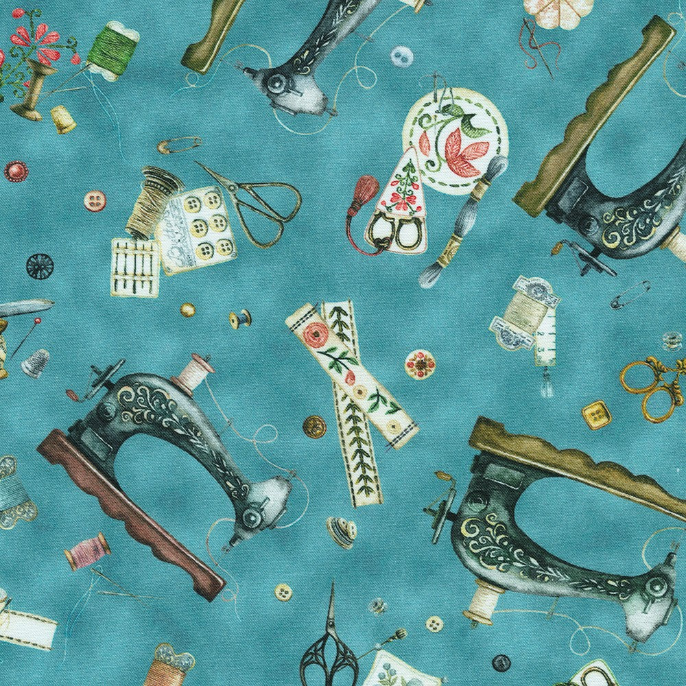 Make It Sew - Vintage Sewing Machines Dusty Blue - Robert Kaufman