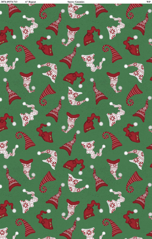 Snowy Gnomies - Gnomes Hat Green - Wilmington Prints