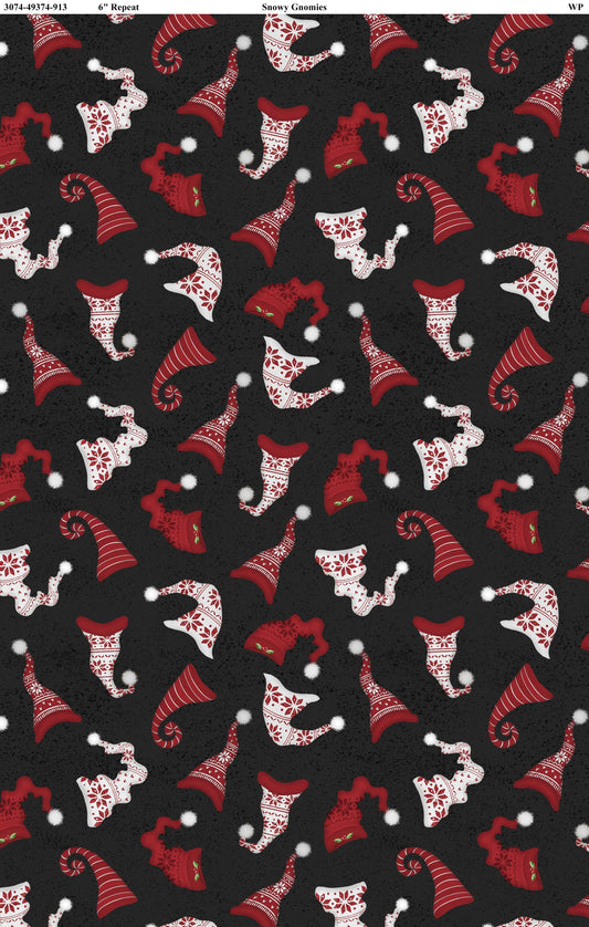 Snowy Gnomies - Gnomes Hat Black - Wilmington Prints