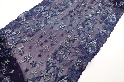 Dark Blue Floral - Embroidered Tulle Lace