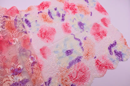 Blanc Tacheté Rose, Violet et Orange - Dentelle Stretch