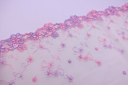 Pink and Purple Dainty Floral - Embroidered Tulle Lace (mirrored)
