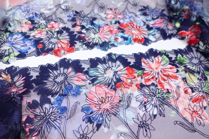 Navy Printed Floral - Embroidered Tulle Lace (mirrored)