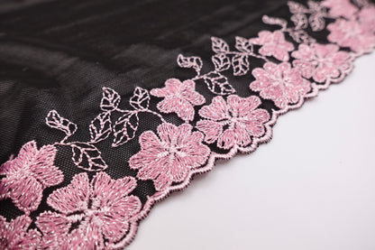 Black Tulle Pink Sparkly Flowers - Embroidered Tulle Lace