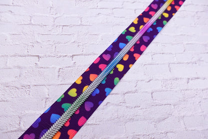 Rainbow Hearts Printed Zipper Tape # 5 Zipper (1 Meter)