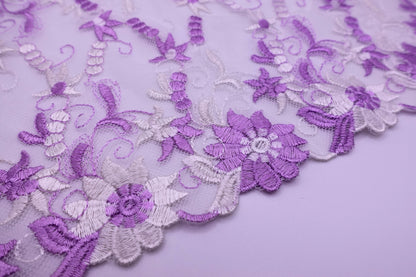 Purple and White Flowers - Embroidered Tulle Lace