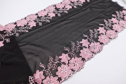 Black Tulle Pink Sparkly Flowers - Embroidered Tulle Lace