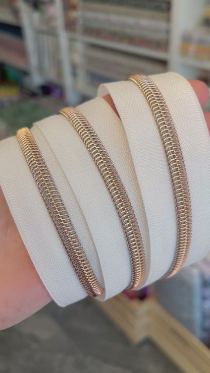 White - Rose Gold Coil Zipper Tape # 5 Zipper (1 Meter)